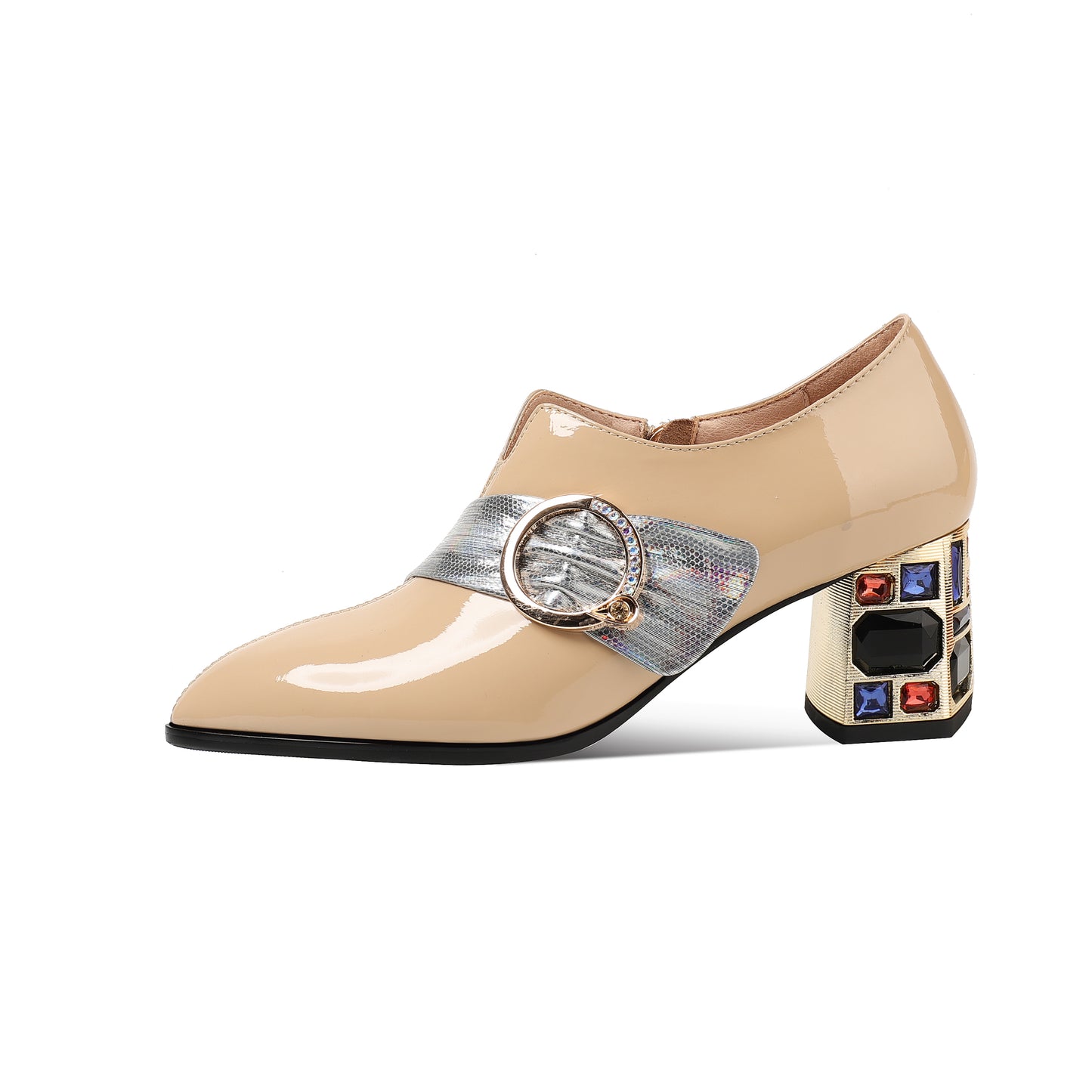 Nine Seven Women's Patent Leather Pointed Toe Side Zipper Handmade Jewelry Chunky Heels Pumps with Buckle