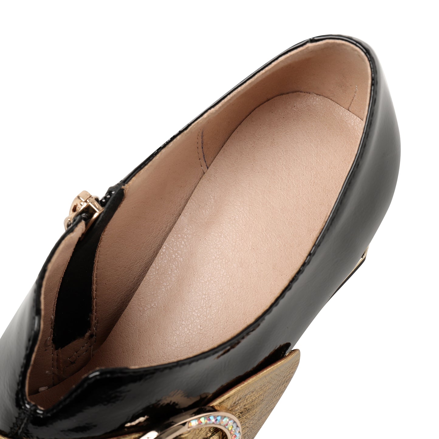 Nine Seven Women's Patent Leather Pointed Toe Side Zipper Handmade Jewelry Chunky Heels Pumps with Buckle