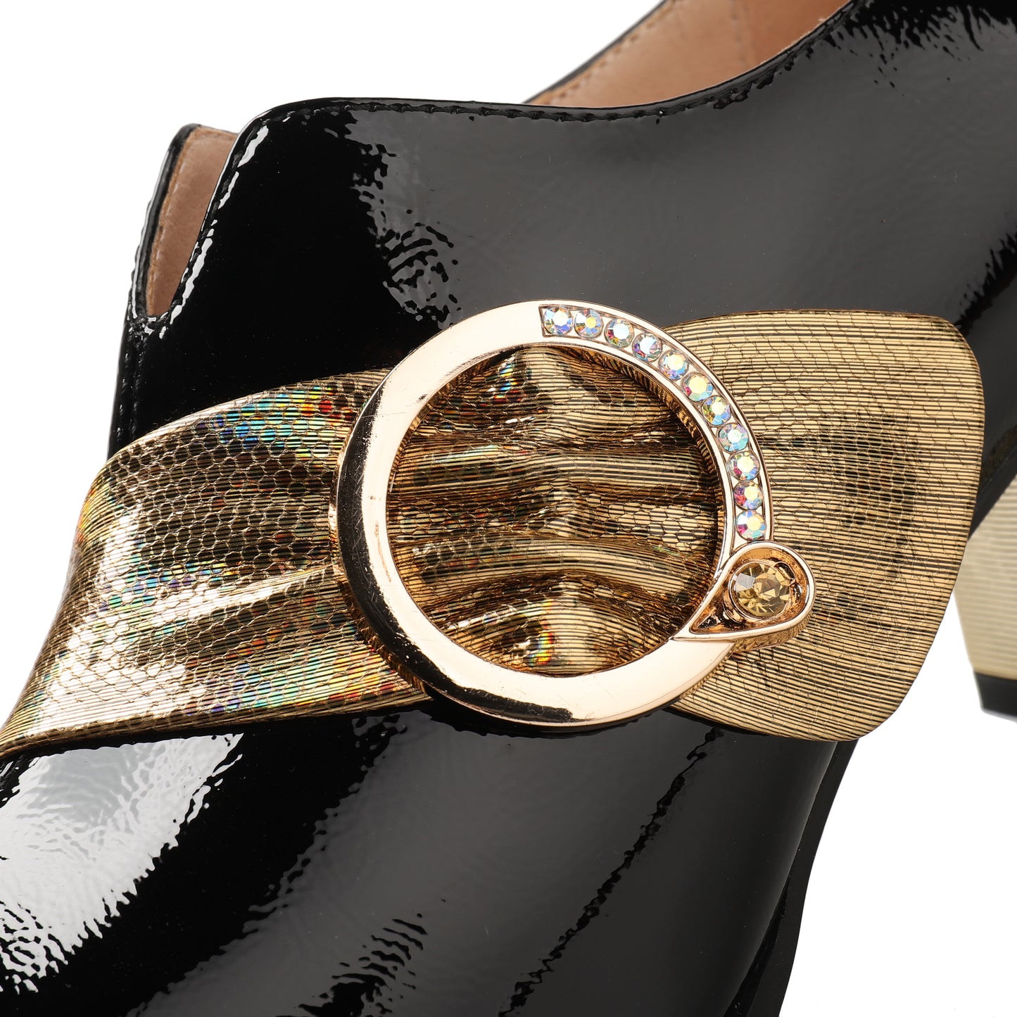 Nine Seven Women's Patent Leather Pointed Toe Side Zipper Handmade Jewelry Chunky Heels Pumps with Buckle