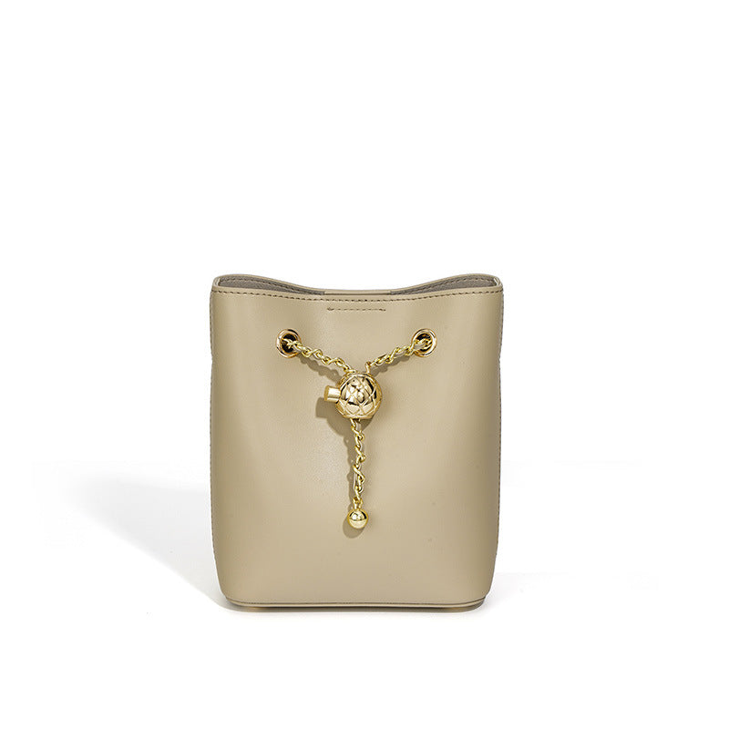 Nine Seven Genuine Leather Women's Handmade Mini Bucket Crossbody Shoulder Bag with Mental Ball Decor