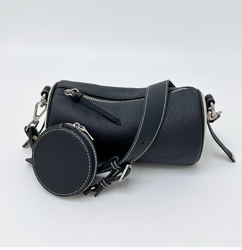 Nine Seven Genuine Leather Women's Handmade Over the Shoulder Bags Cylinder Shaped Zip Little Pocket Strap Decor