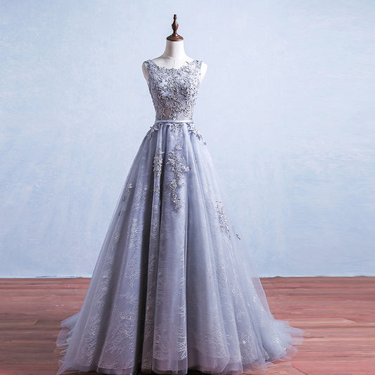 Nine Seven Women's Appliques Scoop Neck Sweep Train Evening Party A-Line Dress