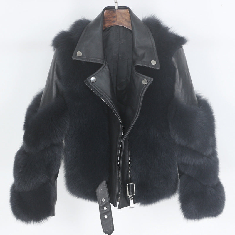 Nine Seven Fox or Raccoon Fur Women's Winter Genuine Leather Jacket Coat Customization