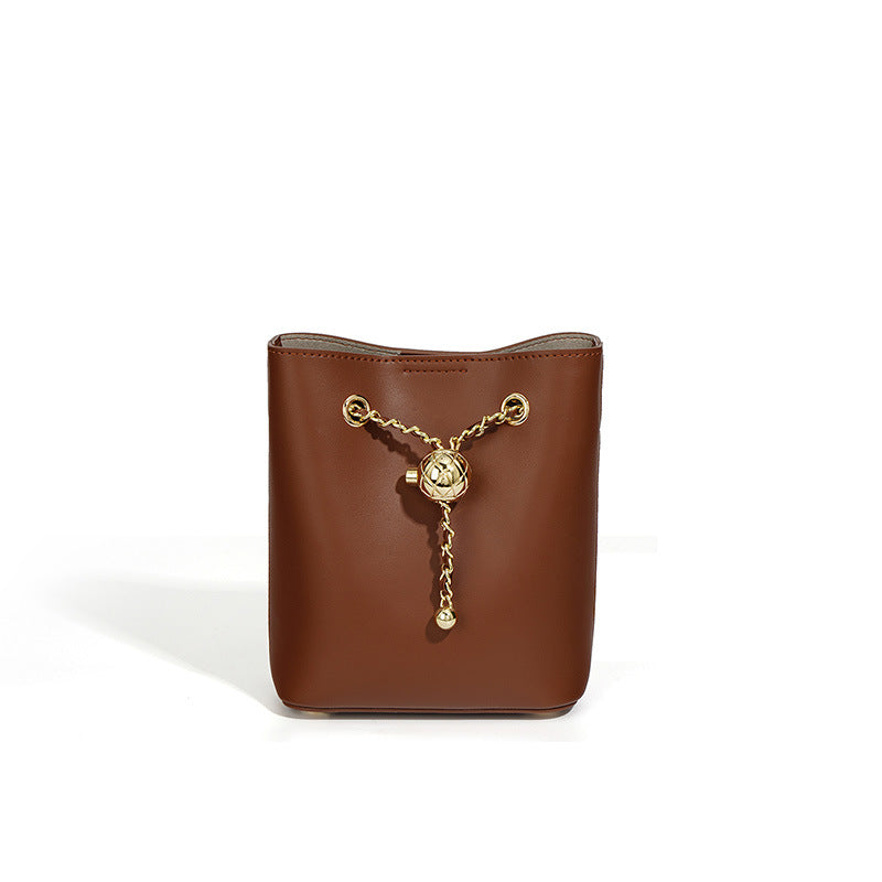 Nine Seven Genuine Leather Women's Handmade Mini Bucket Crossbody Shoulder Bag with Mental Ball Decor