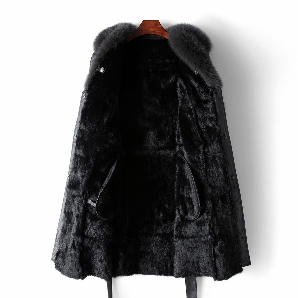 Nine Seven Fox Fur Collar Genuine Leather Rabbit Fur Women's Belt Overcoat Winter Long Coat Customization