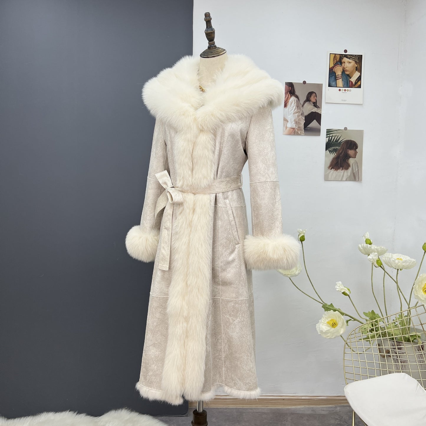 Nine Seven Rabbit and Fox Fur Parkas Suede Nap Women's Overcoat Long Coat Customization