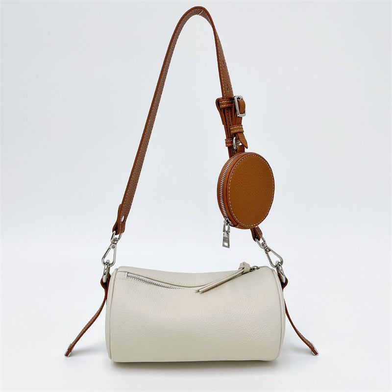 Nine Seven Genuine Leather Women's Handmade Over the Shoulder Bags Cylinder Shaped Zip Little Pocket Strap Decor