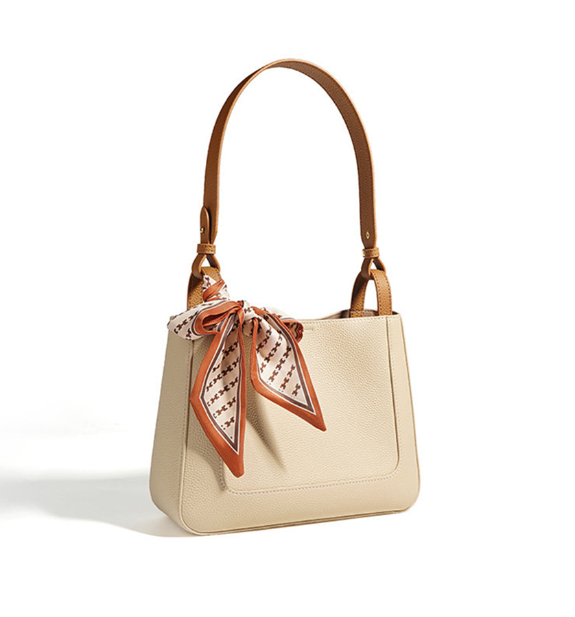 Nine Seven Shoulder Bag Genuine Leather Women's Handmade Silk Scarf Decor Inner Subbag Tote Handbag