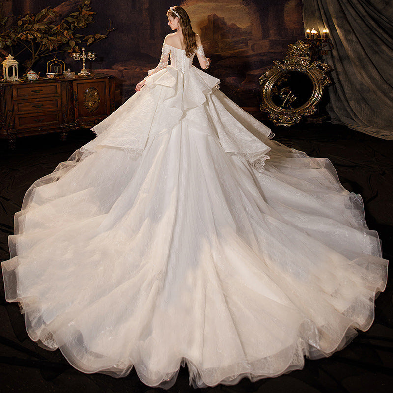 Nine Seven Floral Appliques V-Neck Off Shoulder Long Sleeves Ruffle Lace Up Cathedral Train Wedding Dress