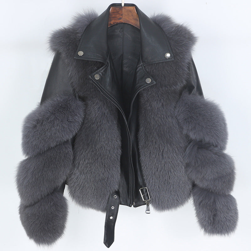 Nine Seven Fox or Raccoon Fur Women's Winter Genuine Leather Jacket Coat Customization