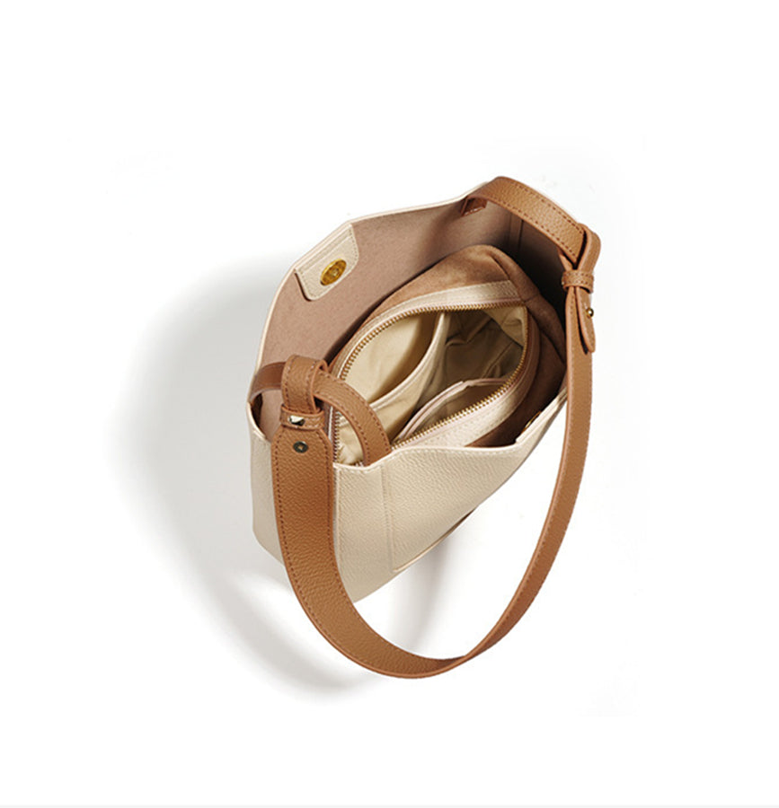 Nine Seven Shoulder Bag Genuine Leather Women's Handmade Silk Scarf Decor Inner Subbag Tote Handbag