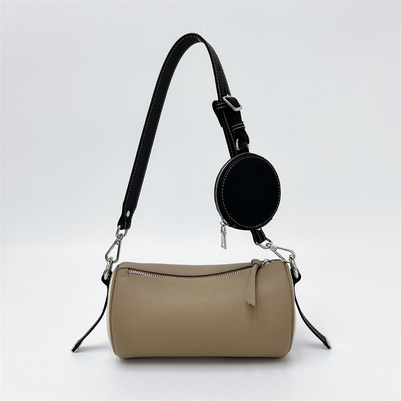 Nine Seven Genuine Leather Women's Handmade Over the Shoulder Bags Cylinder Shaped Zip Little Pocket Strap Decor