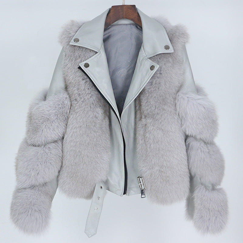 Nine Seven Fox or Raccoon Fur Women's Winter Genuine Leather Jacket Coat Customization