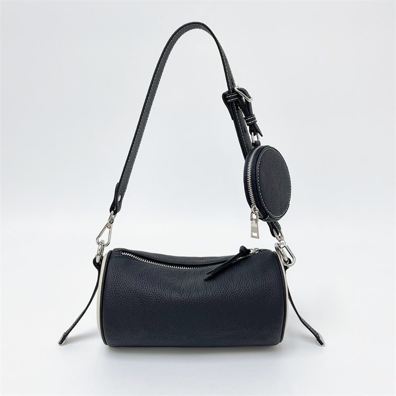 Nine Seven Genuine Leather Women's Handmade Over the Shoulder Bags Cylinder Shaped Zip Little Pocket Strap Decor