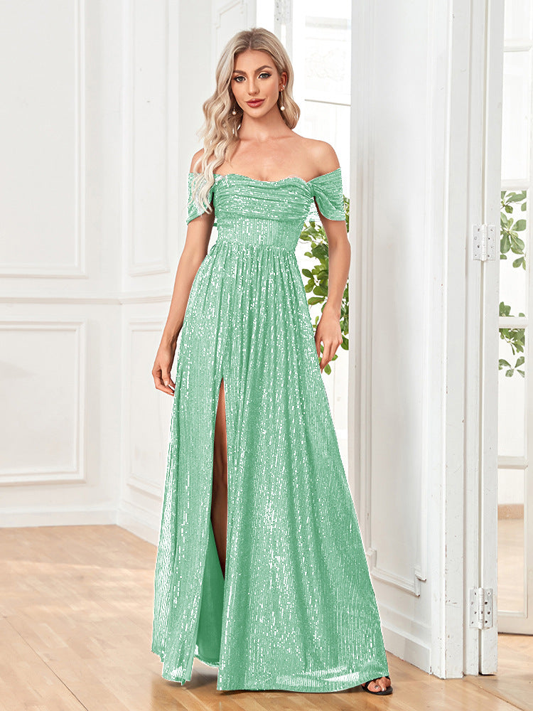Nine Seven Women's Off Shoulder Sexy Split Evening Party A-Line Glitter Sequins Dresses