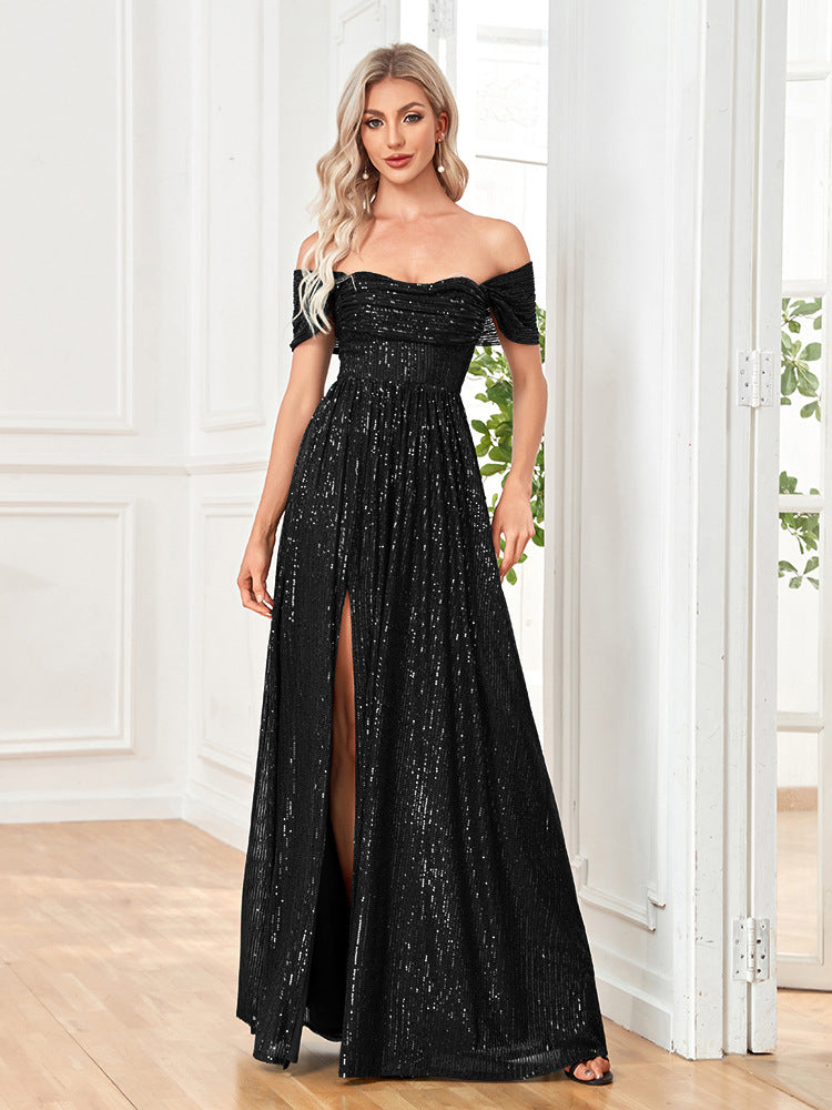 Nine Seven Women's Off Shoulder Sexy Split Evening Party A-Line Glitter Sequins Dresses