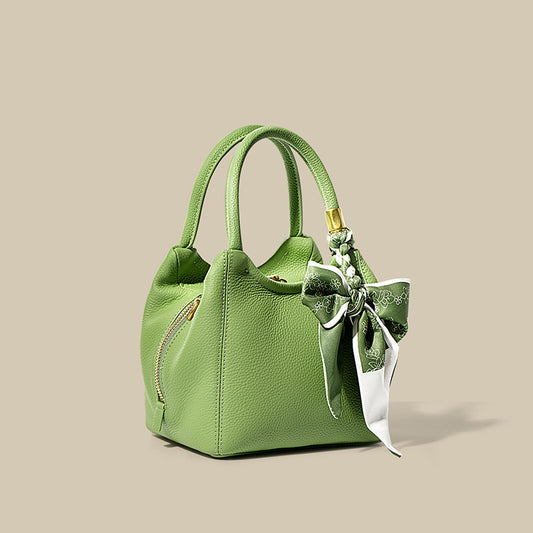 Nine Seven Crossbody Bucket Bag Women's Genuine Leather Handmade Zip Up Silk Scarf Decor Handbag Tote Shoulder Bags