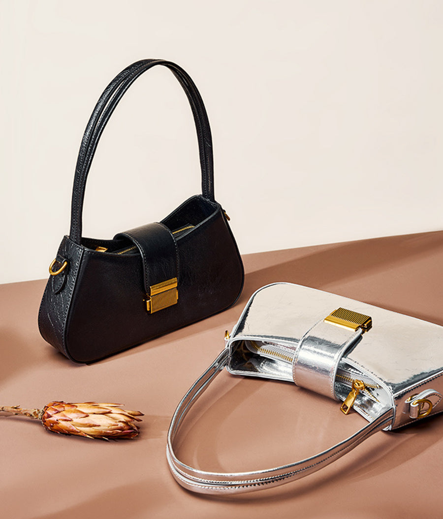 Nine Seven Handmade Genuine Leather Shoulder Bag for Women Silver Black