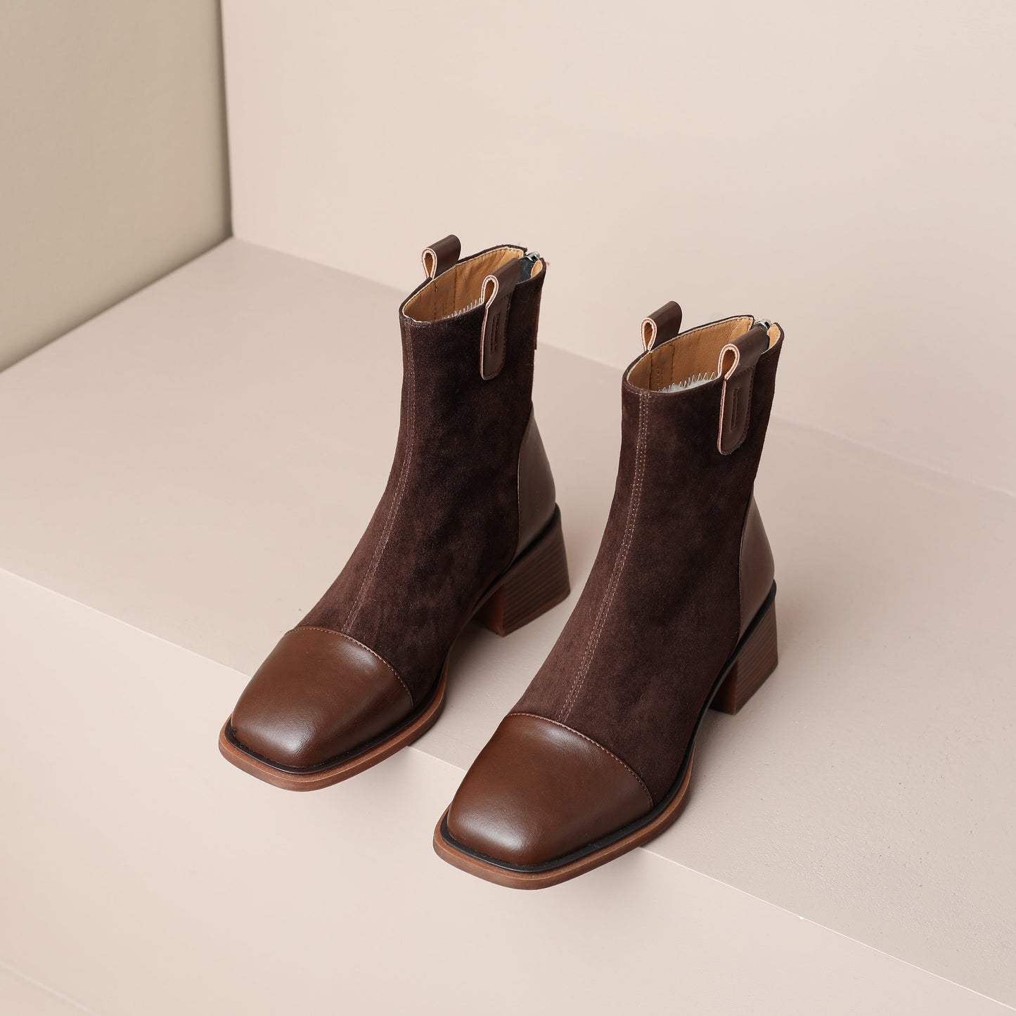 Nine Seven Handmade Women's Suede Leather Cap Toe Back Zip Mid Block Heel Charming Calf-High Boots