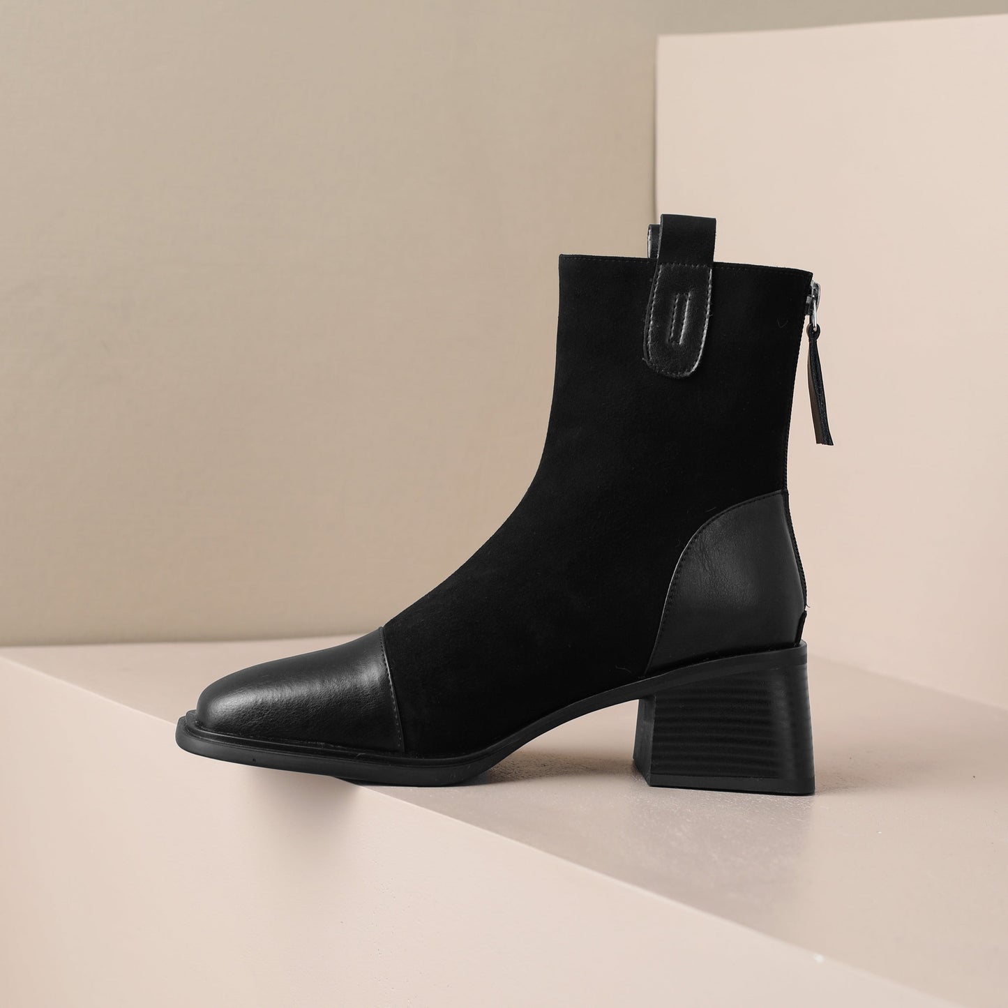 Nine Seven Handmade Women's Suede Leather Cap Toe Back Zip Mid Block Heel Charming Calf-High Boots