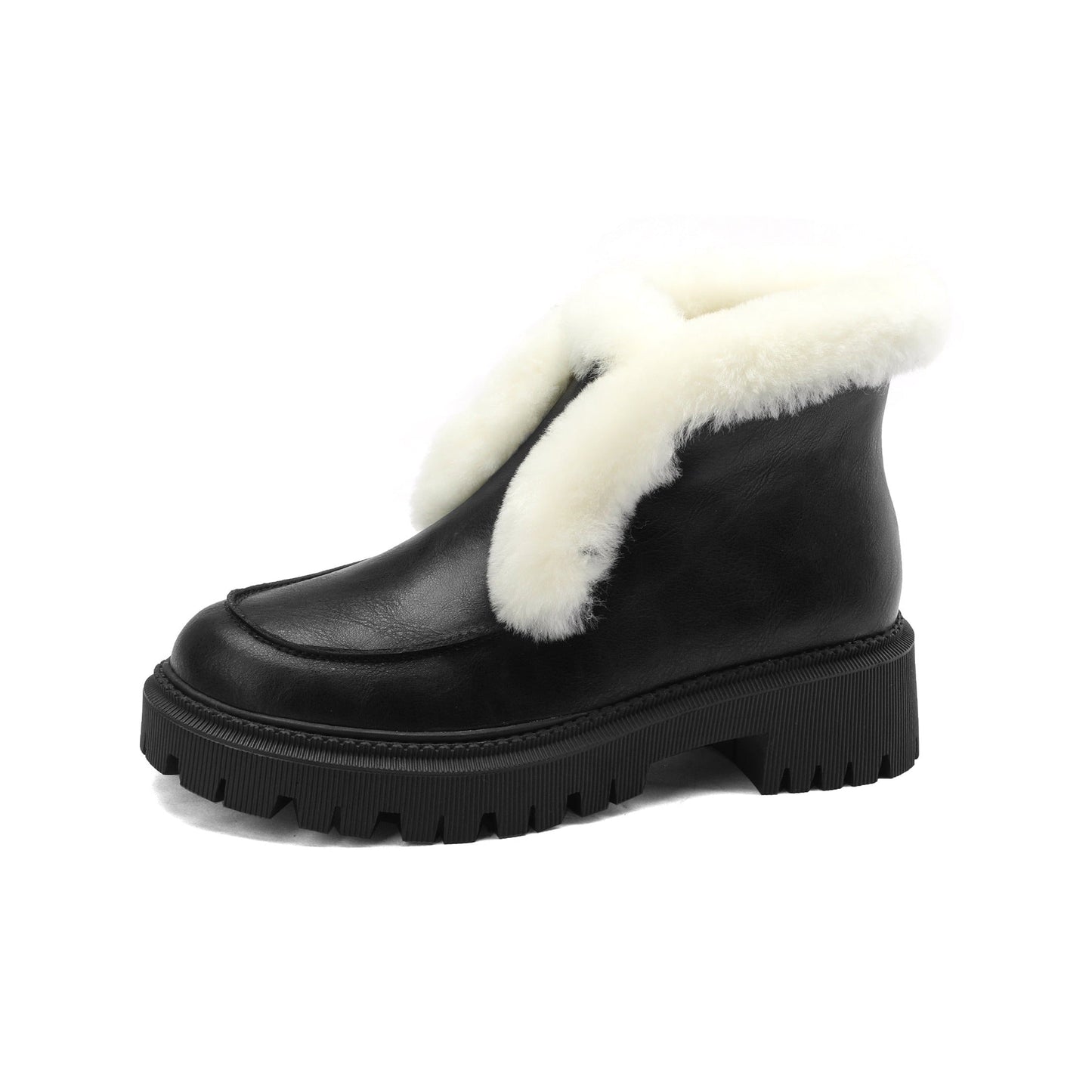 Nine Seven Handmade Women's Genuine Leather Furry Pull On Round Toe Low Block Heel Platform Ankle Boots
