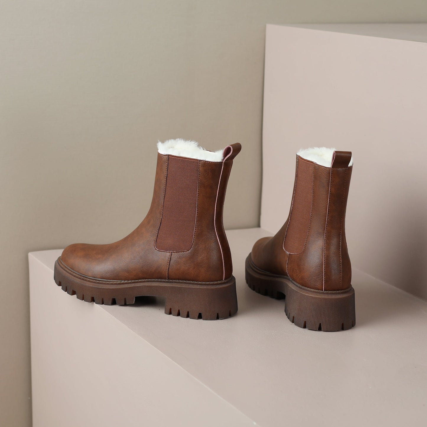 Nine Seven Handmade Women's Genuine Leather Pull On Round Toe Low Block Heel Platform Boots