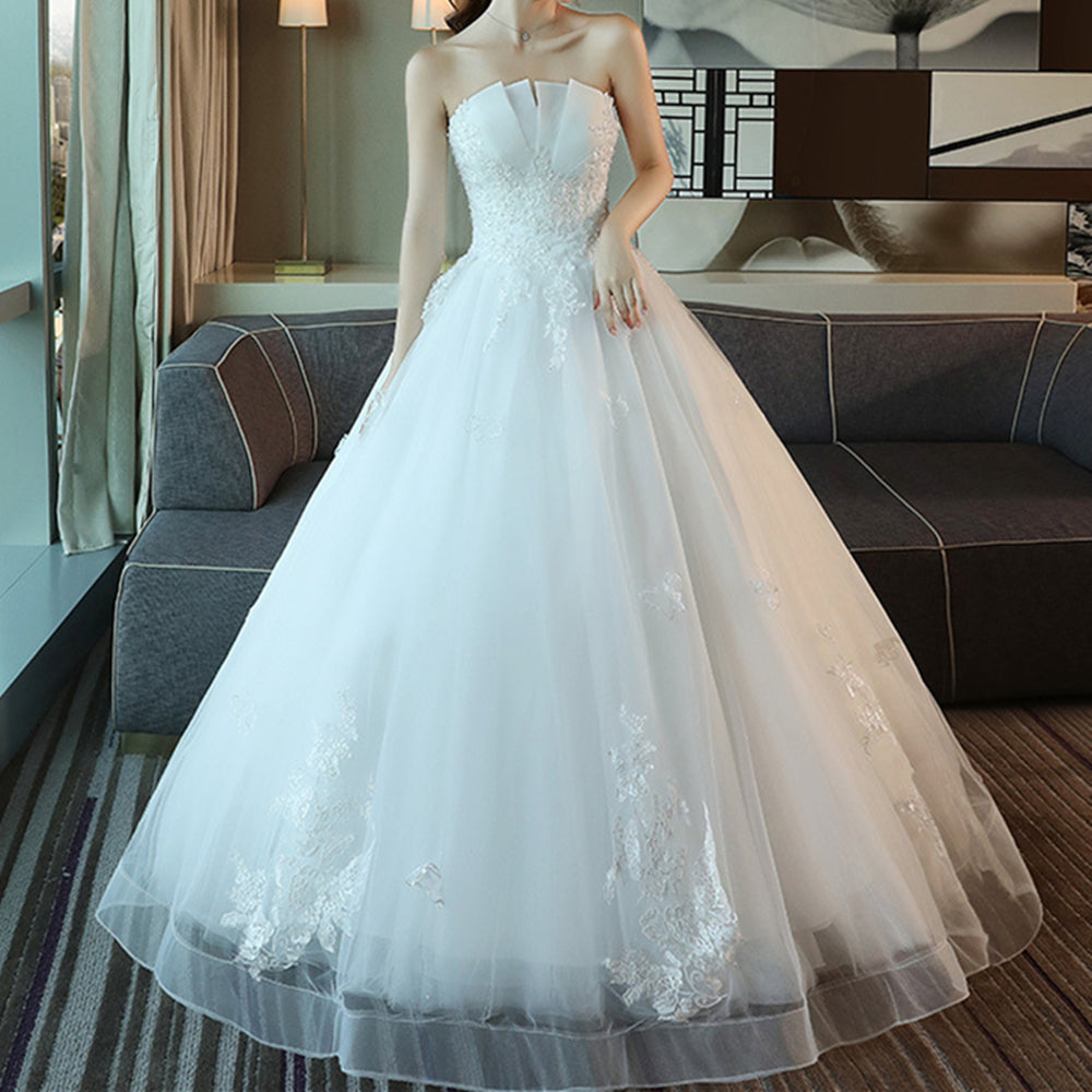 Nine Seven Appliques Pearl Decor Bridal White Dress Tube Top Lace Fairy Princess Lace Up Wedding Dress