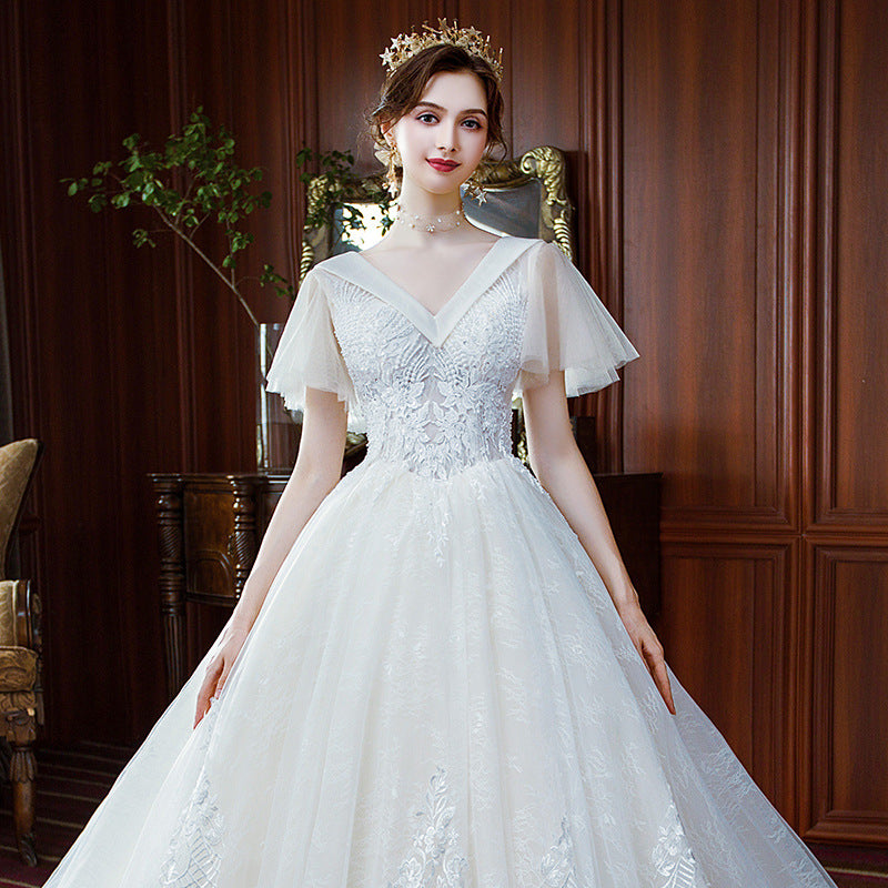Nine Seven V-Neck Appliques Short Sleeve Pearls A-Line Wedding Dress
