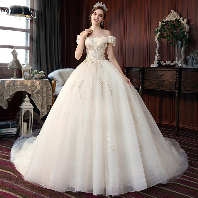 Nine Seven Appliques Sleeveless Off Shoulder Lace Up A-Line Ball Grown Wedding Dress