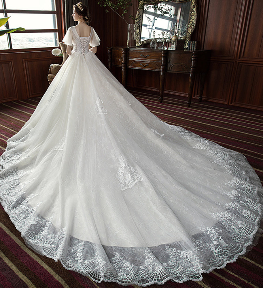 Nine Seven V-Neck Appliques Short Sleeve Pearls A-Line Wedding Dress