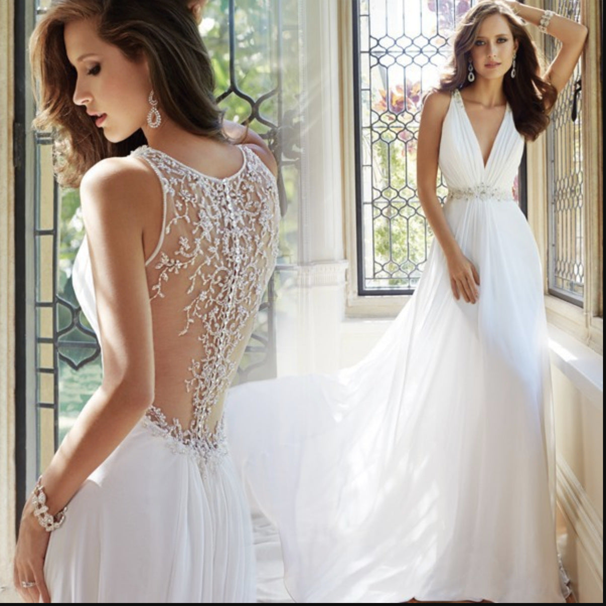 Nine Seven A-Line Appliques Pleated Plunging V-Neckline Court Train Wedding Dress