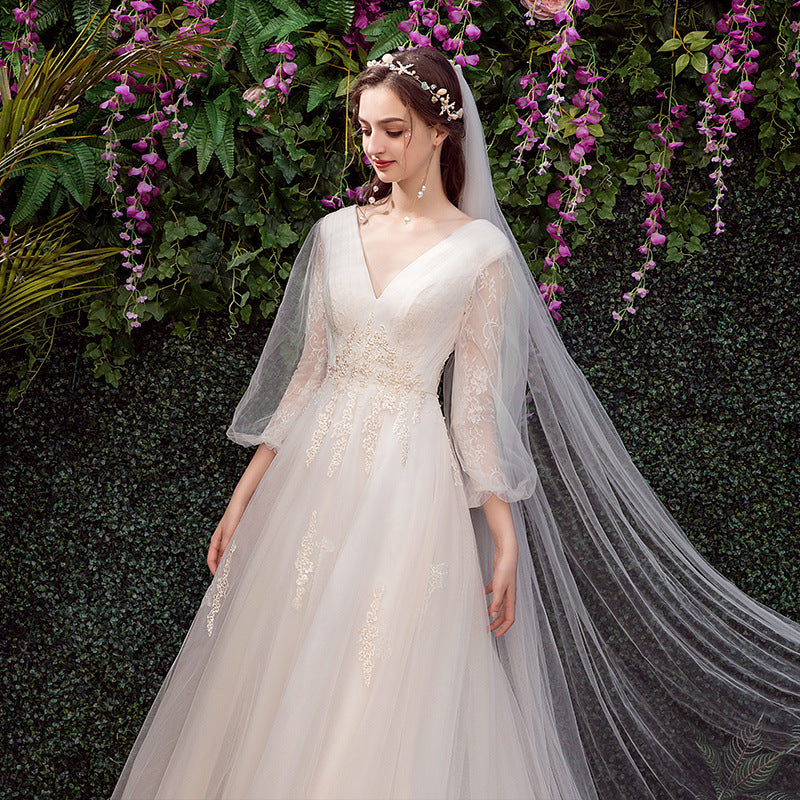 Nine Seven V-Neck Long Sleeves A-Line Appliques Bridal Wedding Dress