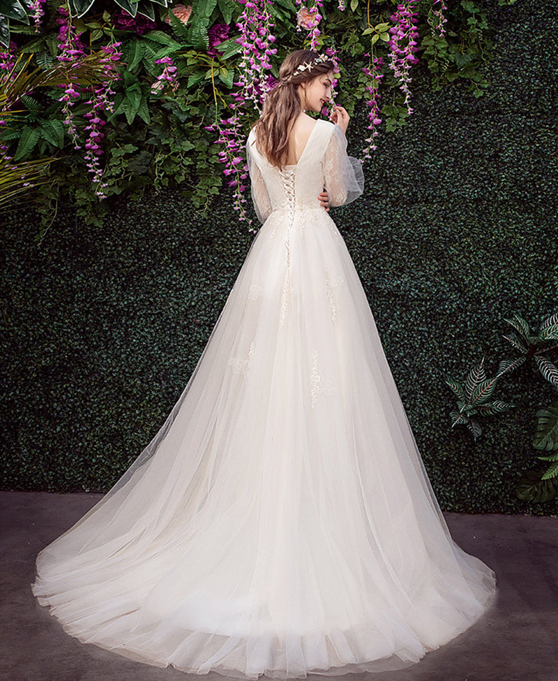 Nine Seven V-Neck Long Sleeves A-Line Appliques Bridal Wedding Dress