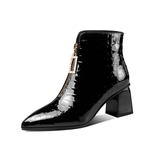 Nine Seven Patent Leather Women's Handmade Pointed Toe Chunky Heel Stylish Front Zipper Plus-Size Ankle Booties