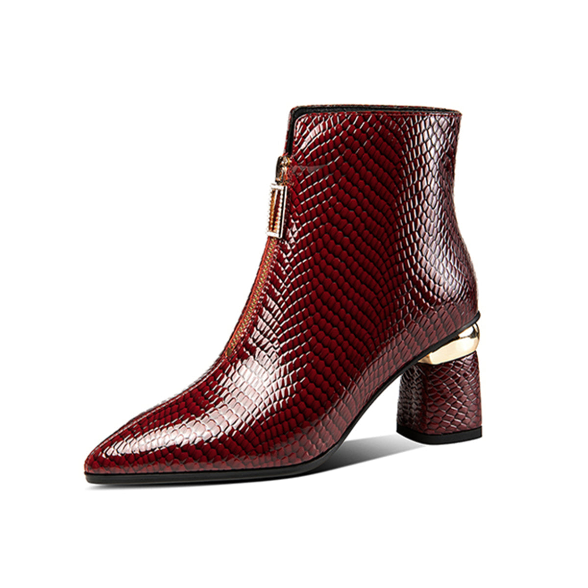 Nine Seven Patent Leather Women's Handmade Pointed Toe Chunky Heel Plus-Size Modern Front Zip Ankle Booties