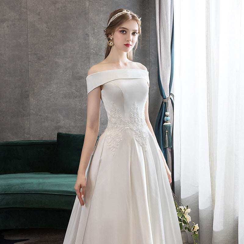 Nine Seven Appliques Bridal Lace Up Off Shoulder A-Line Satin Wedding Dress