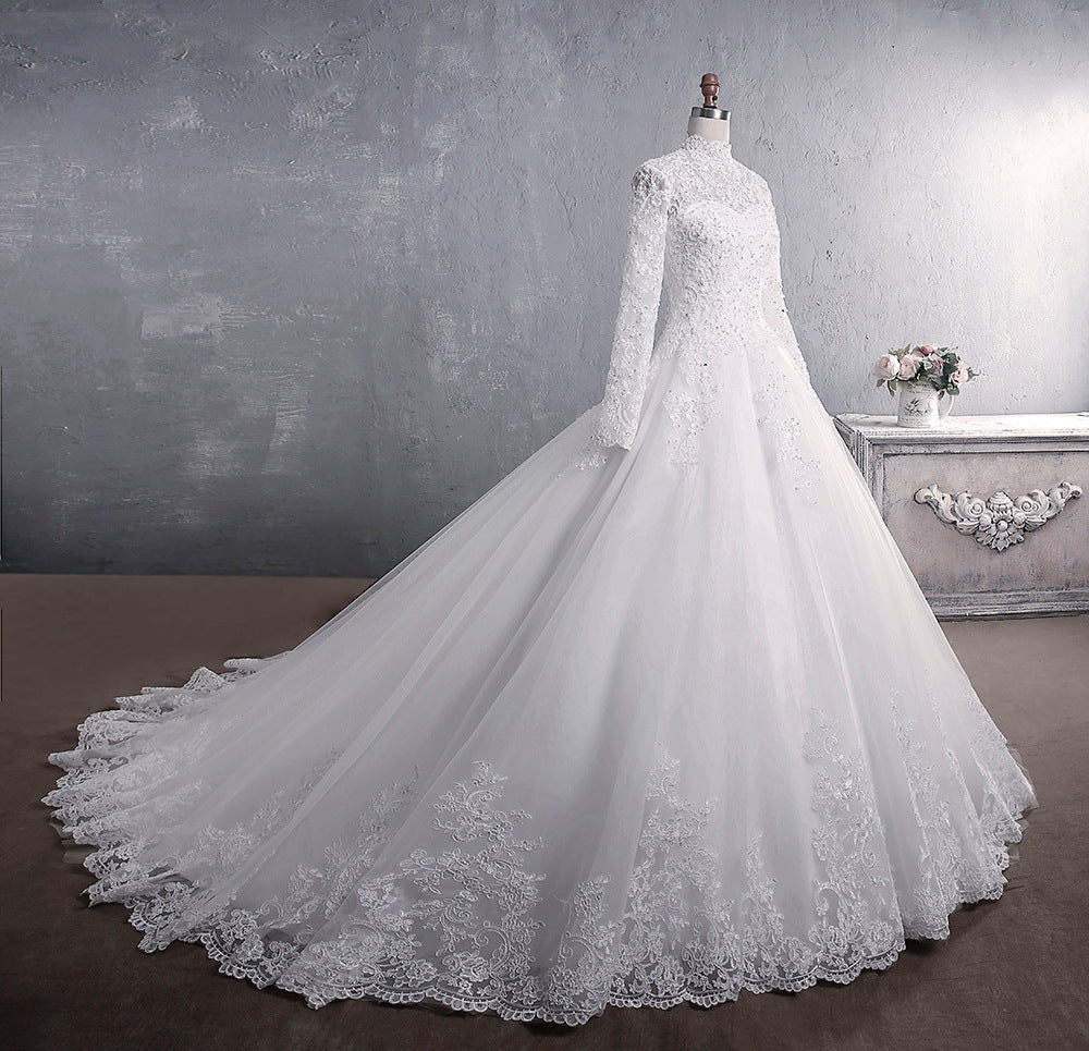 Nine Seven Appliques Lace Long Sleeve A-Line Chapel Train Muslim Wedding Dress