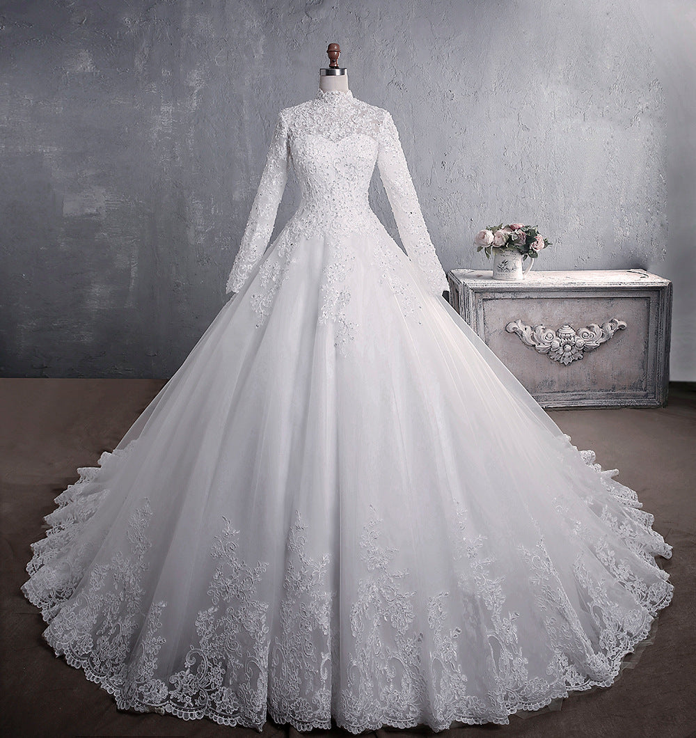 Nine Seven Appliques Lace Long Sleeve A-Line Chapel Train Muslim Wedding Dress
