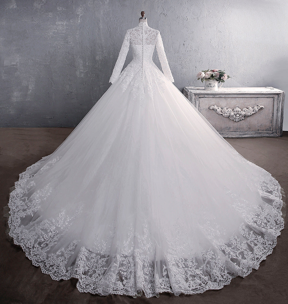 Nine Seven Appliques Lace Long Sleeve A-Line Chapel Train Muslim Wedding Dress