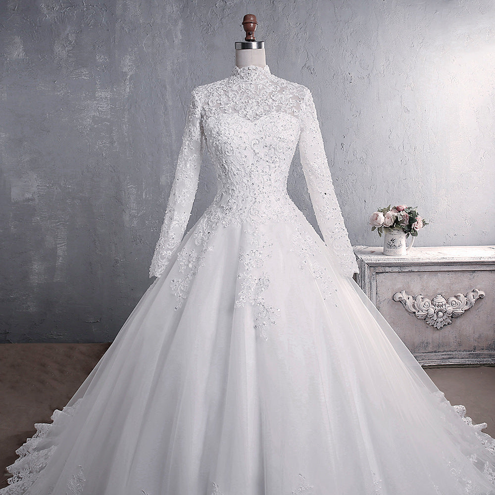 Nine Seven Appliques Lace Long Sleeve A-Line Chapel Train Muslim Wedding Dress