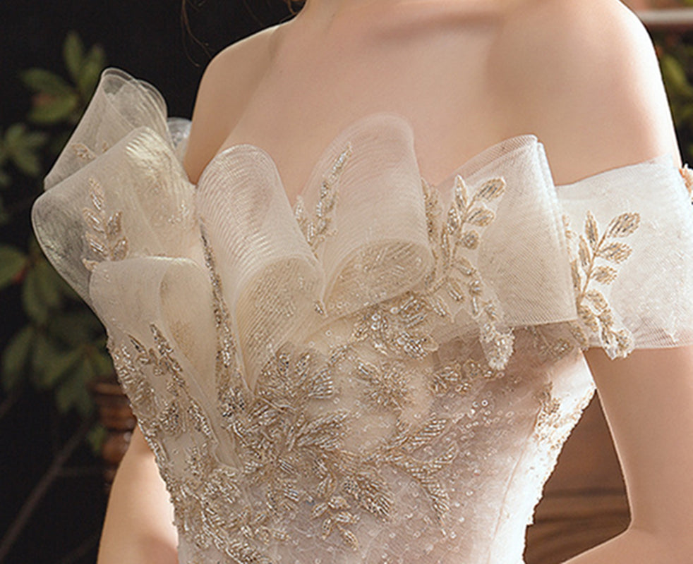 Nine Seven Leaves Appliques Glitter Sequines Lace Up Unique Design Off Shoulder Wedding Dress