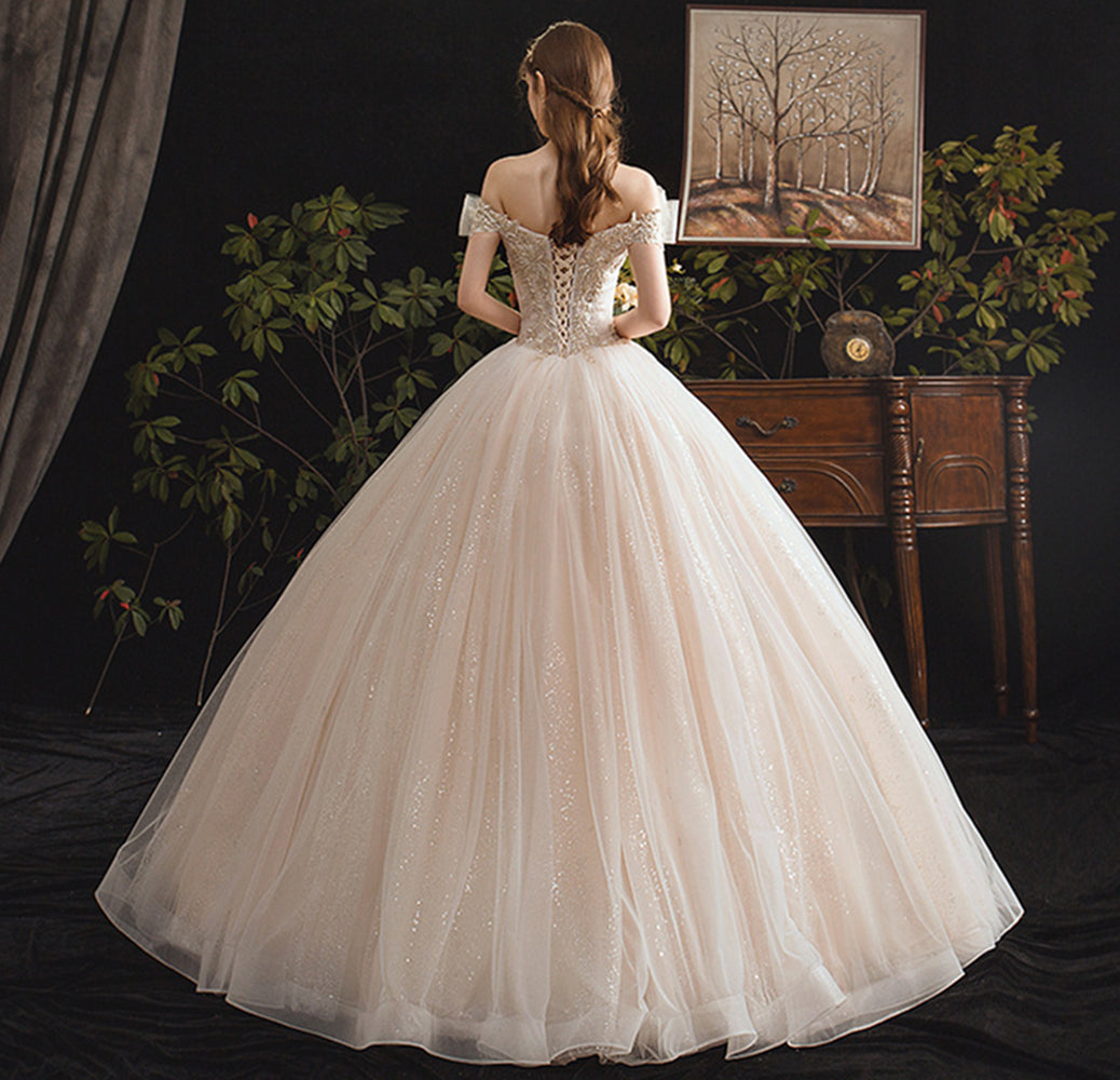Nine Seven Leaves Appliques Glitter Sequines Lace Up Unique Design Off Shoulder Wedding Dress