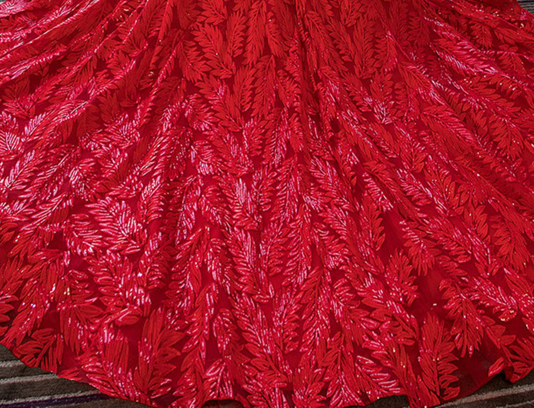 Nine Seven Bridal Dresses Appliques Glitter Sequines Off Shoulder Leaves Red Wedding Dress