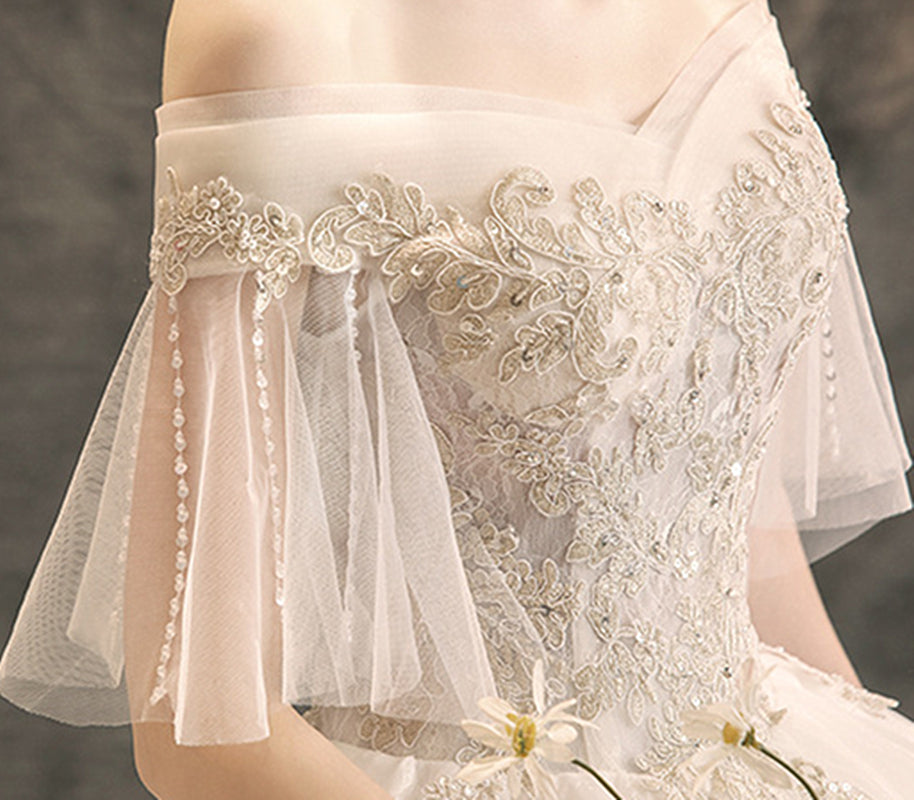 Nine Seven Off Shoulder Pearls Floral Appliques Short Sleeves A-Line Bridal Wedding Dress