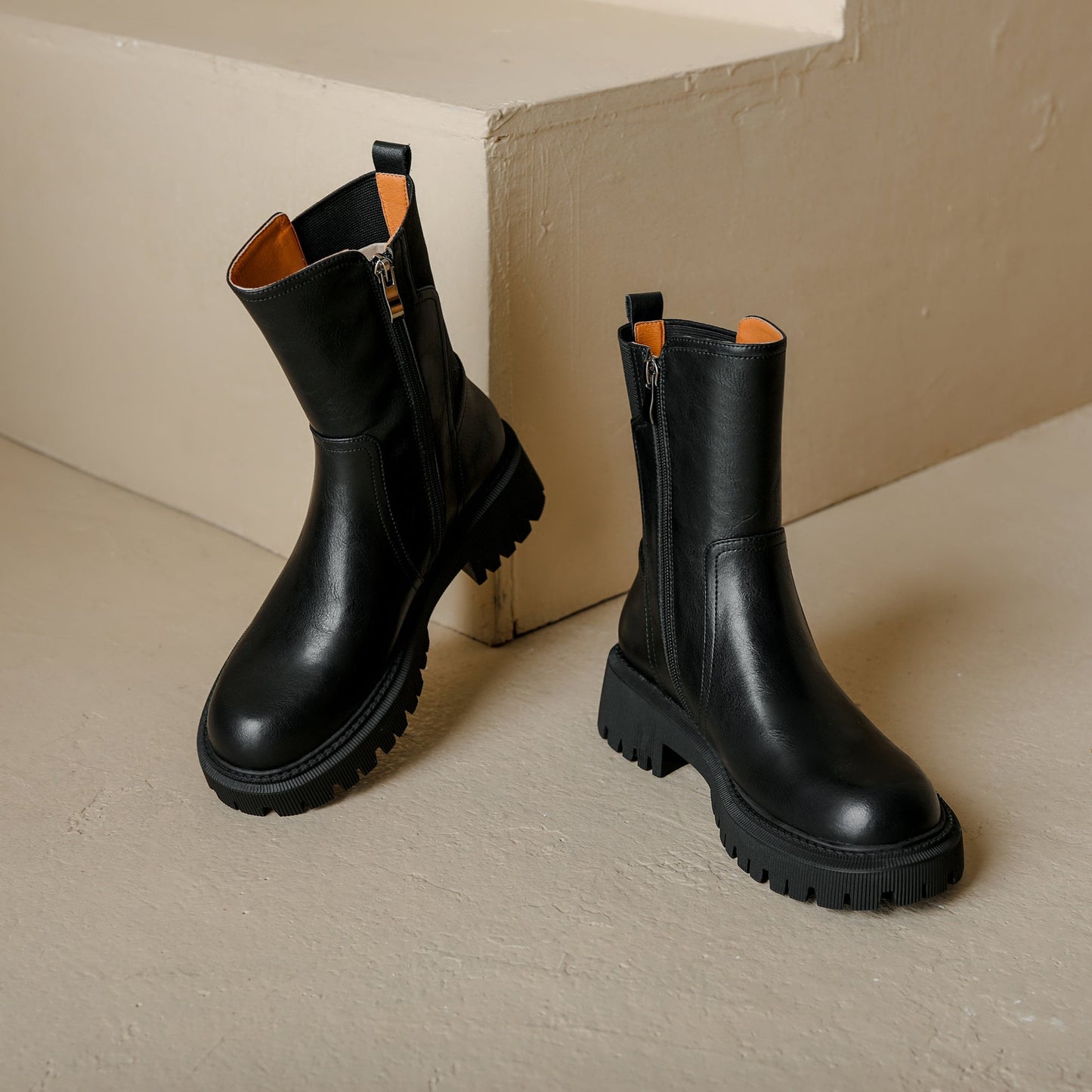 Nine Seven Women's Genuine Leather Handmade Round Toe Side Zip Up Mid Block Heel Mid Calf Boots