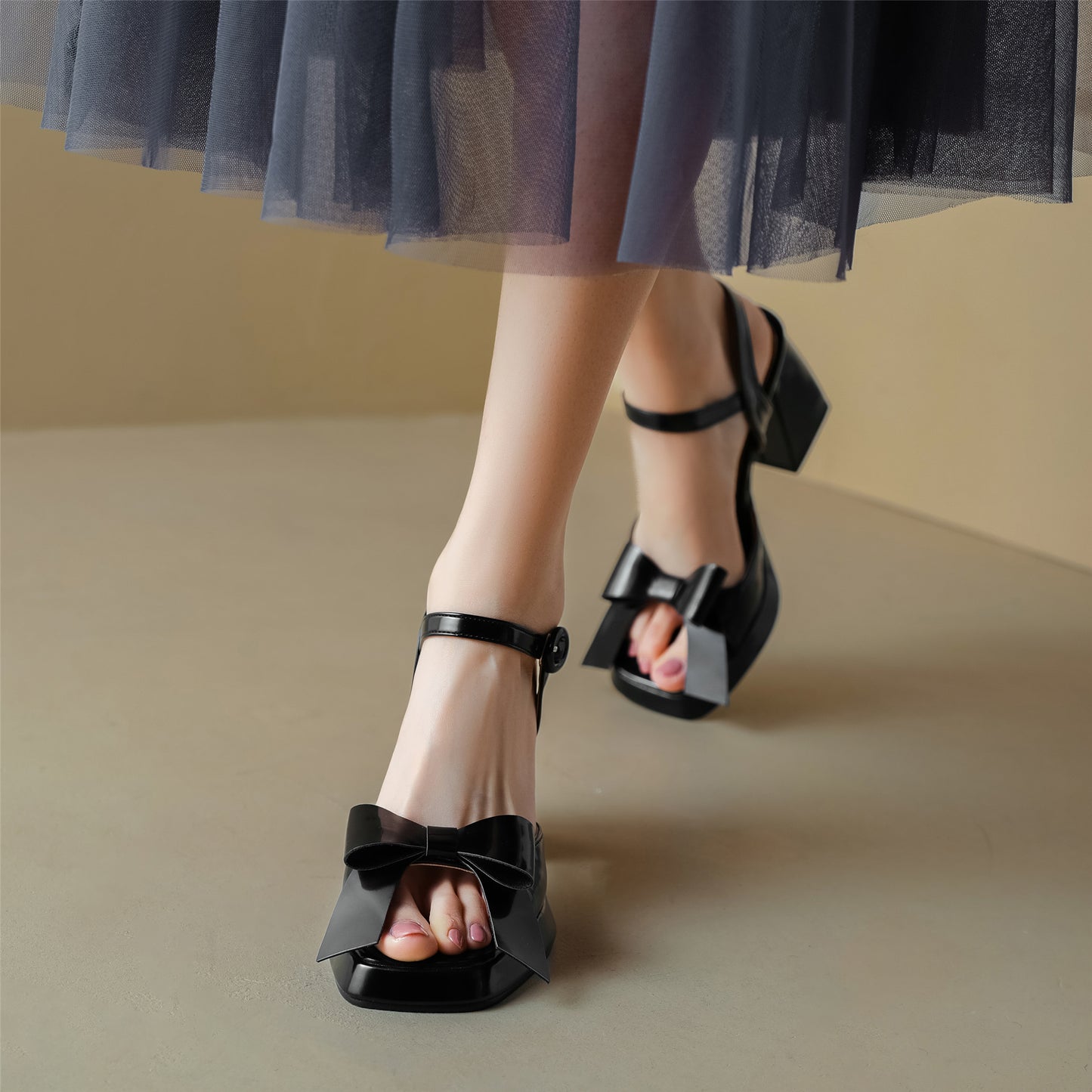 Nine Seven Women's Handmade Bowknot Buck Square Toe Mid Block Heel Weeding Sandal Shoes