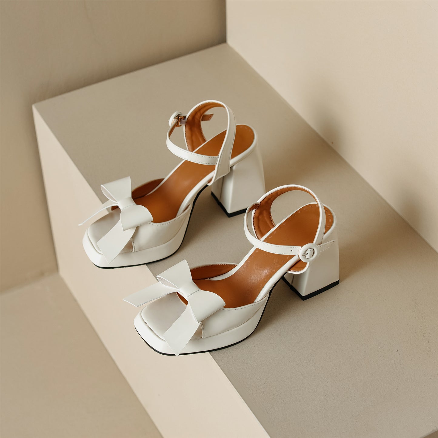 Nine Seven Women's Handmade Bowknot Buck Square Toe Mid Block Heel Weeding Sandal Shoes