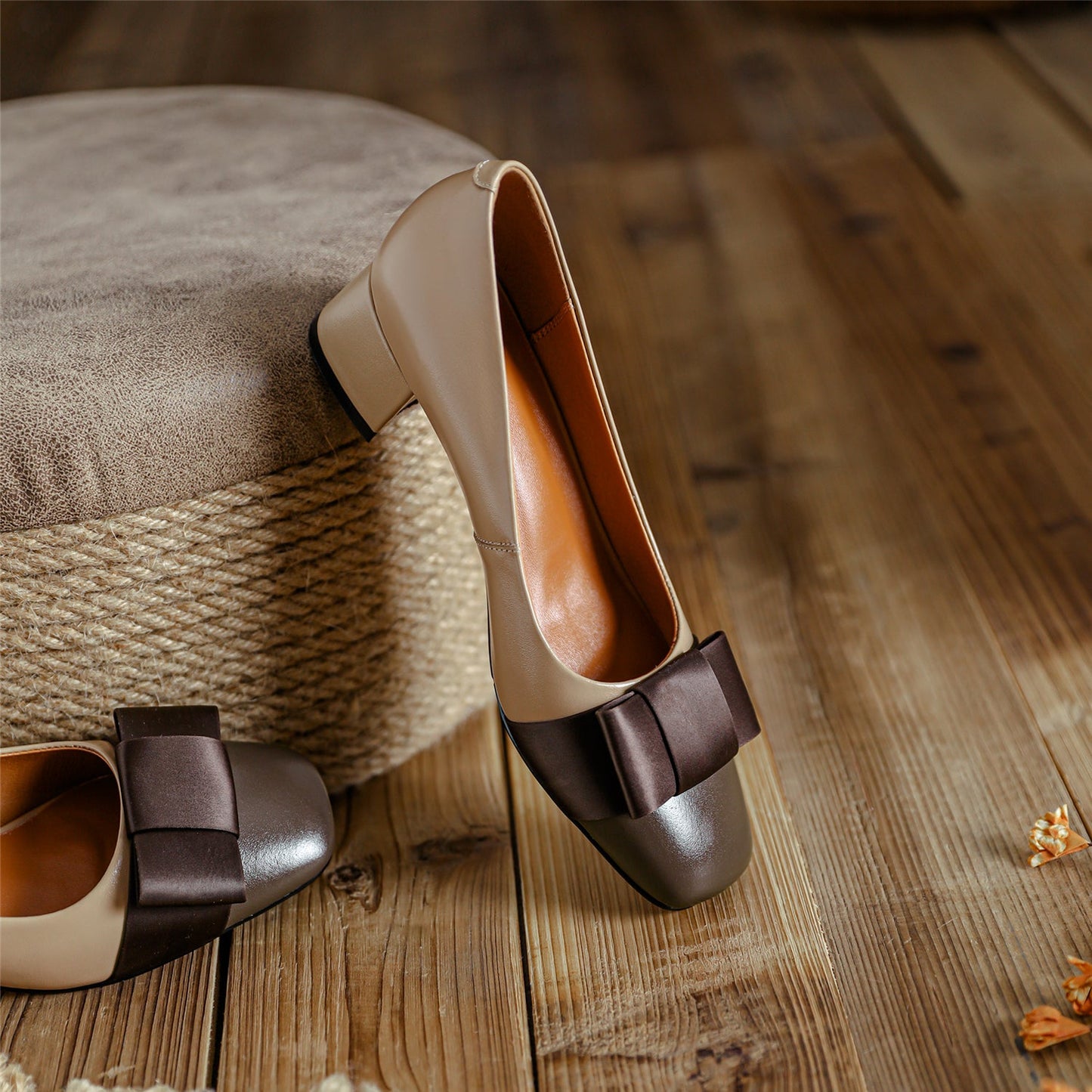 Nine Seven Genuine Leather Women's Handmade Square Toe Block Heel Assorted Color Loafer Pumps Shoes with Bowknot