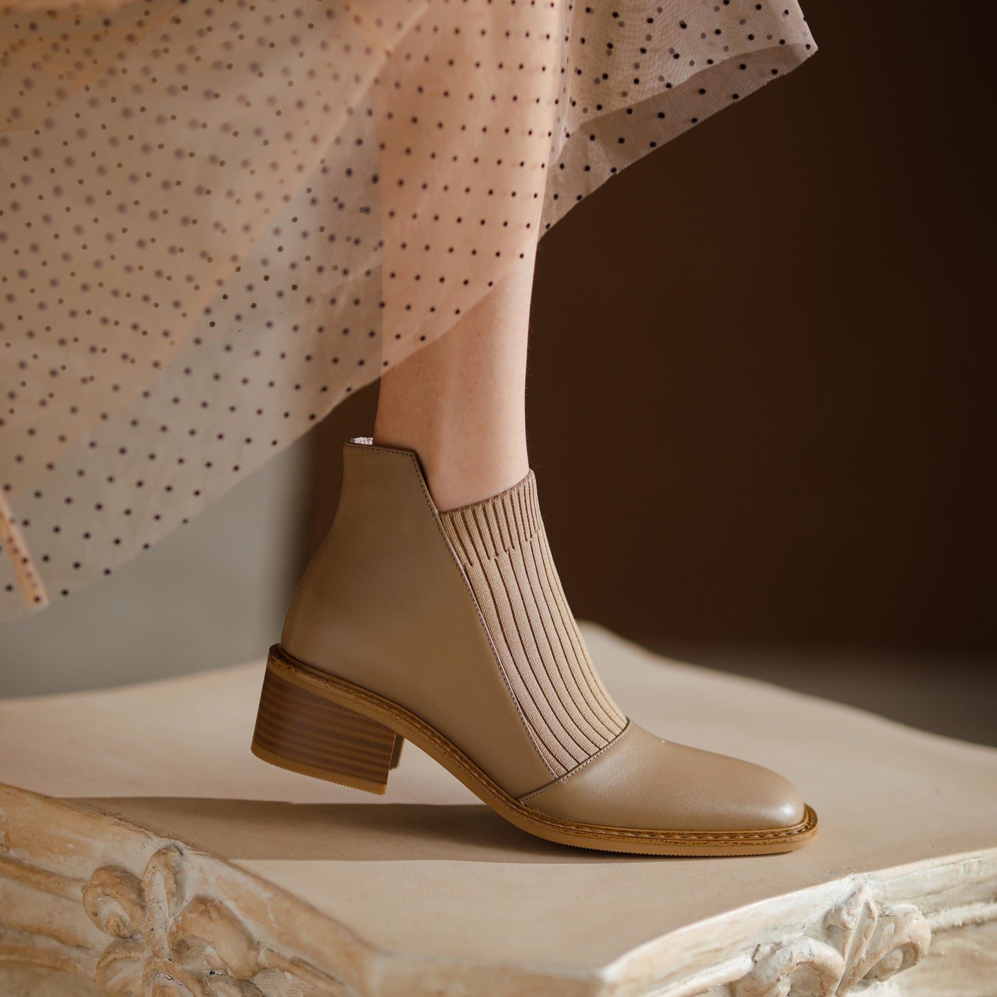 Nine Seven Handmade Women's Genuine Leather Casual Slip on Stretched Woolen Square Toe Low Block Heel Ankle Boots