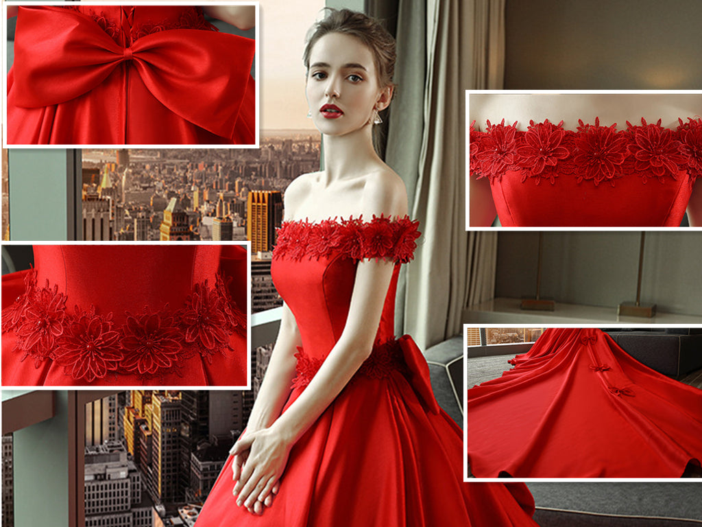 Nine Seven Off Shoulder Lace Flower Bowknot Decor A-Line Red Wedding Dress